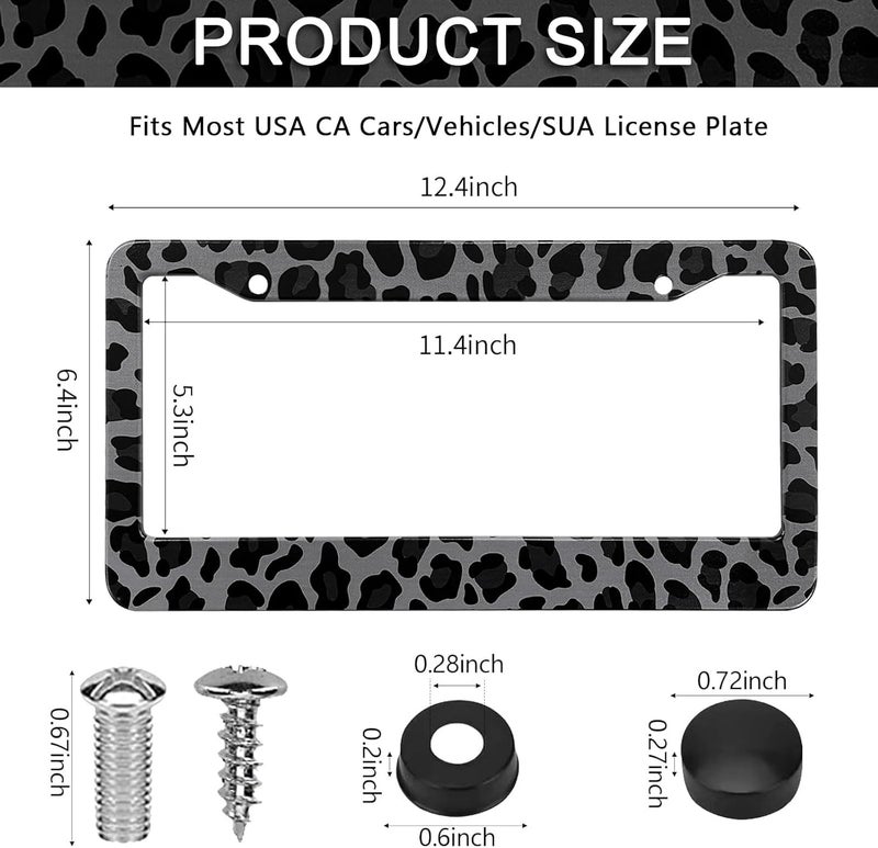 LIN KANG Black Leopard Print License Plate Frame - 2 Pack Animal Leopard Cheetah Print Tags Frames Holder, Car Decorative Tag Frames with Screws Fasteners Caps - Image 2